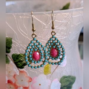 Elegant Turquoise And Coral Gemstone Teardrop Earrings